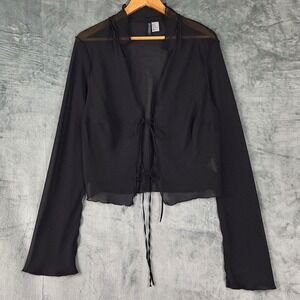 Womens Top XL Black Sheer Tie Front Whimsigoth Cropped Fairy Grunge Flare Sleeve